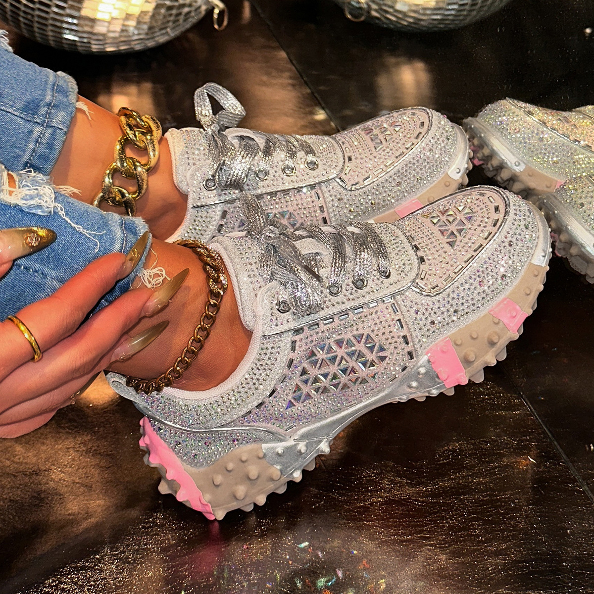 Womens Silver Rhinestone Chunky Sneakers Spiked Sole For Party Fashion Gifts Street Style Wear - view 4