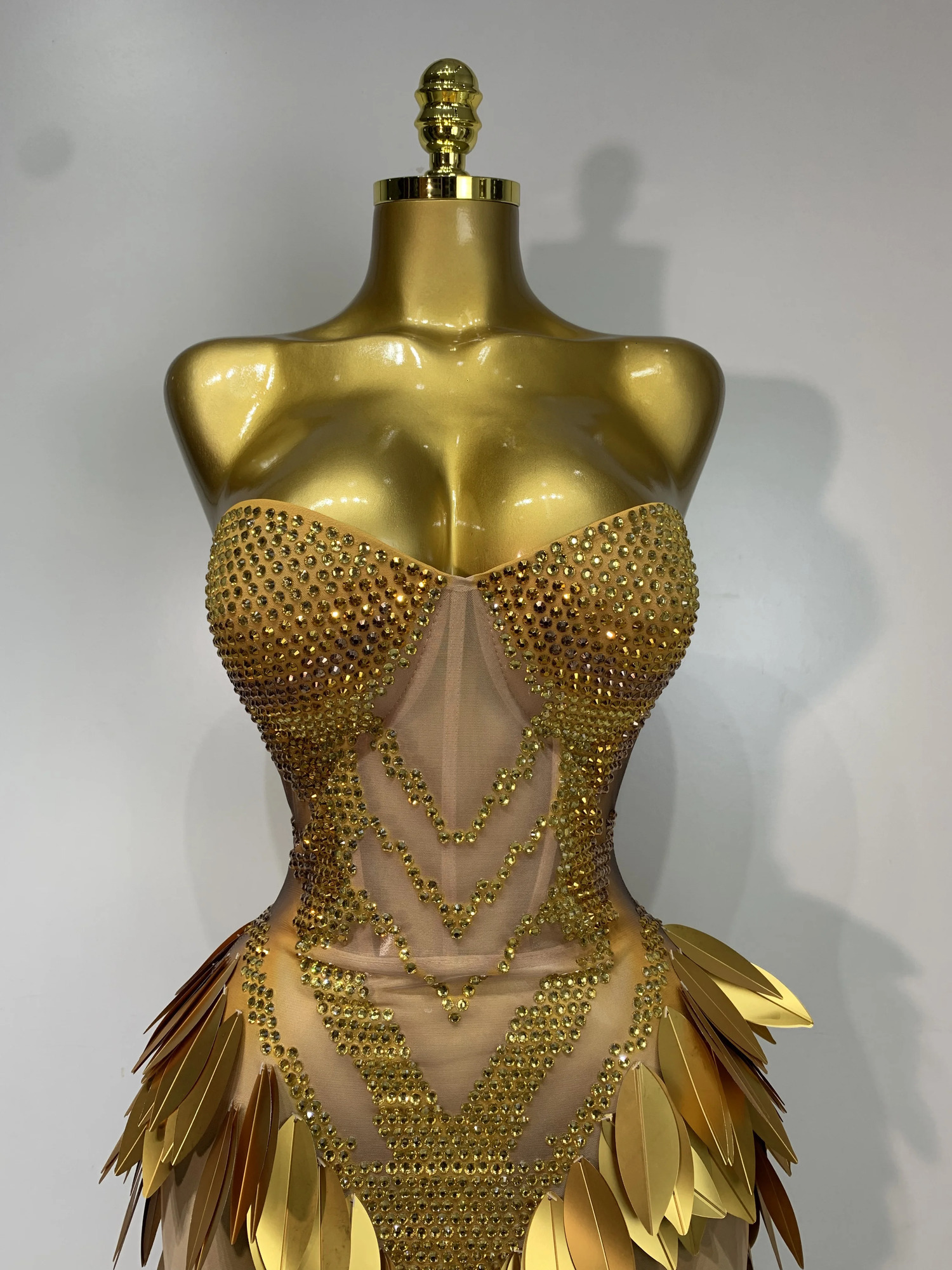 Women Sexy Strapless Mesh Maxi Long Dress Sparkly Gold Rhinestone Sequin Evening Party Gown y Nightclub Birthday Prom 260528 - view 6