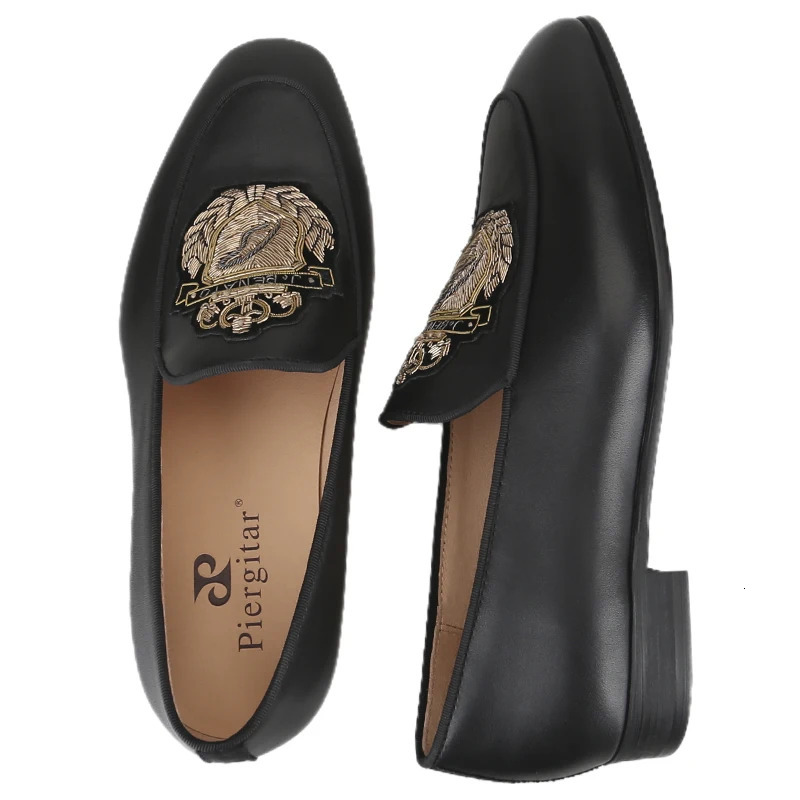 Piergitar Superior Quality Black Genuine Leather Mens Loafers With Handmade Golden Crown Badge Classic Style SlipOn Flats 260528 - view 6