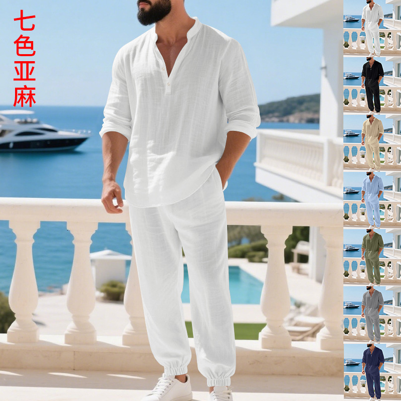 Mens Solid Color Casual Loose Linen Home Commuting Henley Shirt Breathable Long Sleeve Pants Set 250919