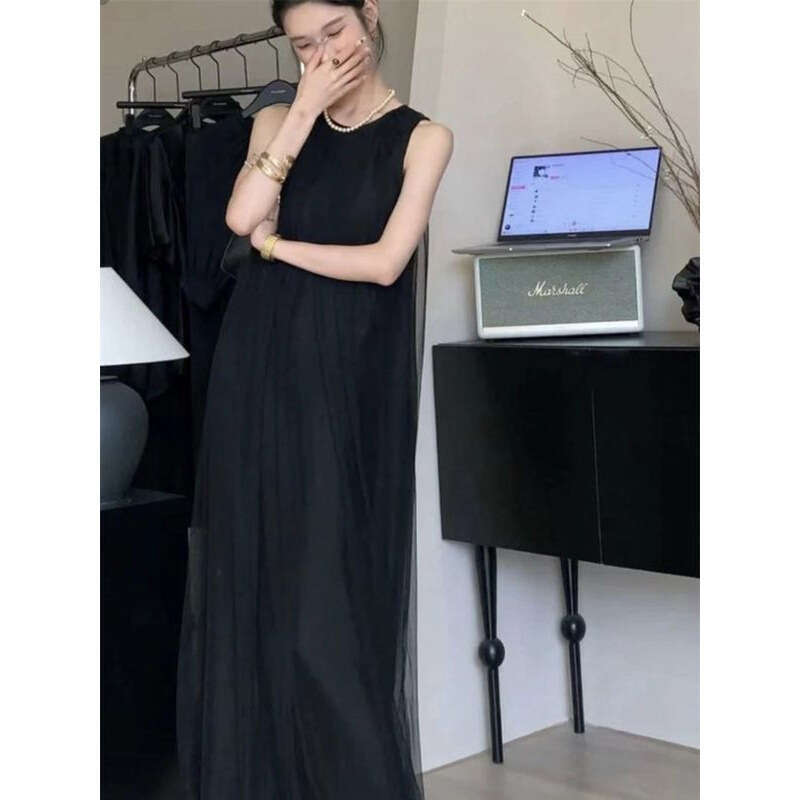 Elegant Flowing Gentle Style Round Neck Sleeveless Solid Color Mesh Loose A Line Dress Summer Wear For Women MAKOUFEI