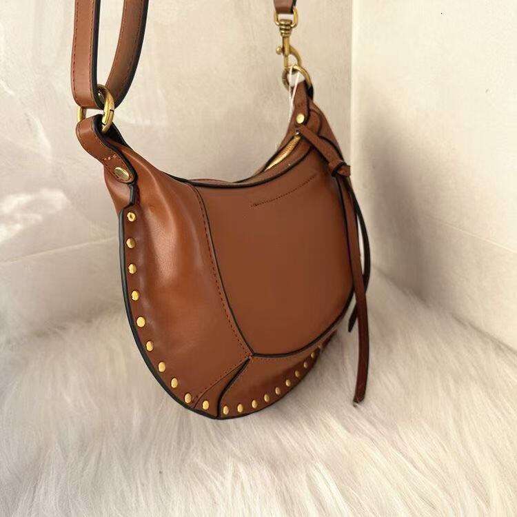 Brown Studded Leather Hobo Bag for Women, Vintage Gold Rivet Crescent Crossbody Shoulder Purse, Retro Saddle Style Handbag dh3572031JY - view 9