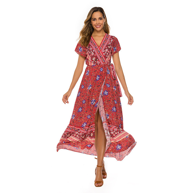 Spring summer dress sexy Vneck Bohemian cardigan waist print 439