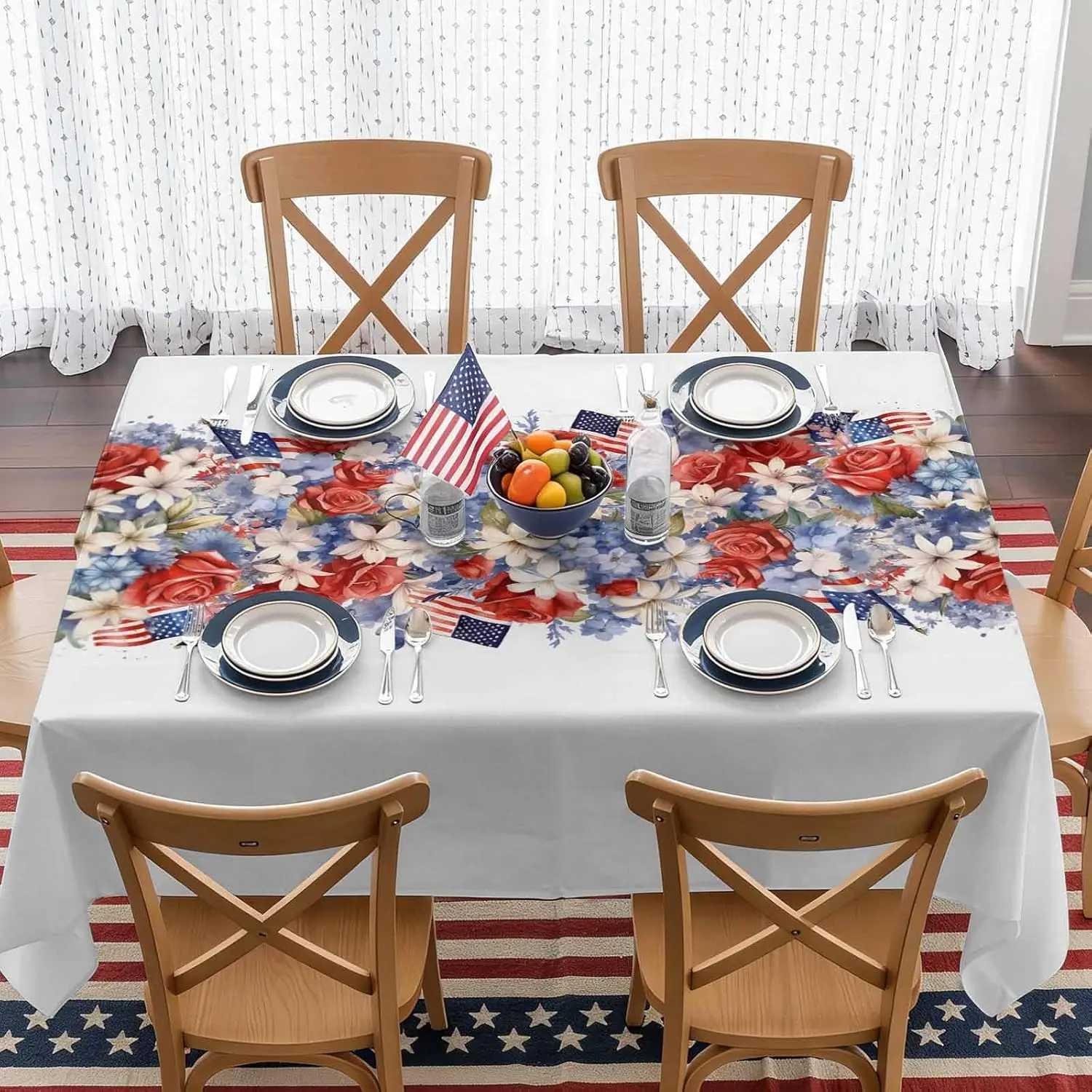 4th of July Independence Day American Flag Print Tablecloth for Table Decor Red Blue White Floral Dining Table Cloth Party Decor C260526