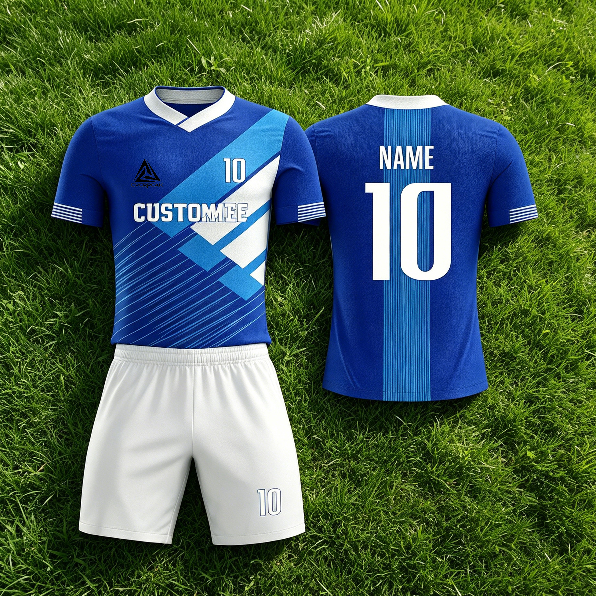 Custom Blue White Football Uniform Quick Dry Breathable Soccer Jersey Set Personalized Team Sportswear for Training Matches - view 5