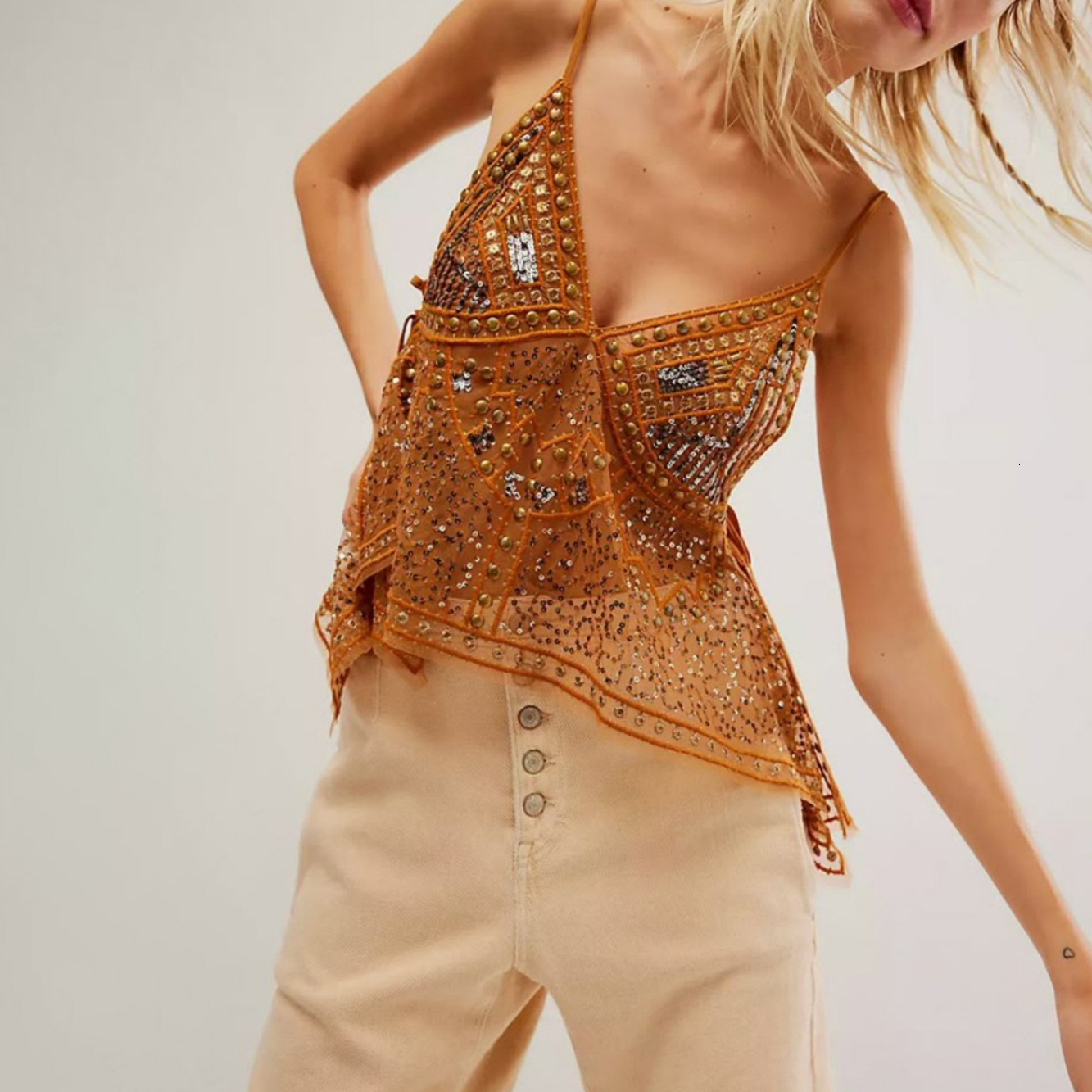 Women Y2k Floral Sequin Patchwork Crop Tops Sparkly Strappy Tank Tops Sexy V Neck Top Concert Outfits Party Beachwear 260514