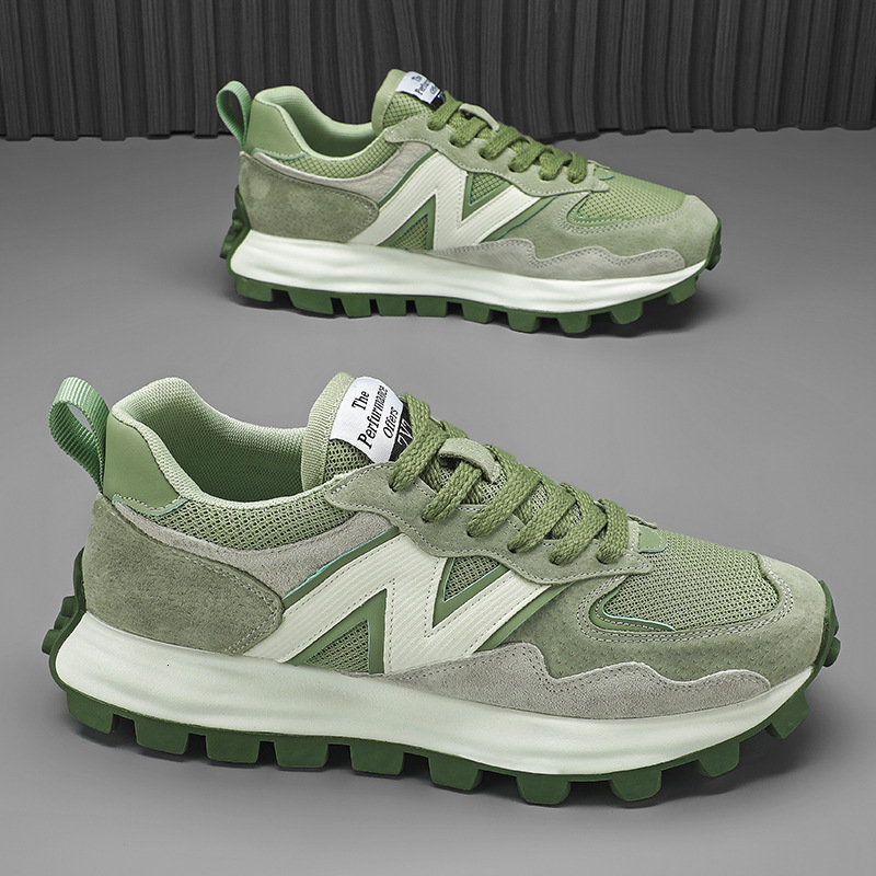 Mens Green Beige Chunky Dad Sneakers Fashion Gifts Suede Mesh For Casual Street Daily Wear