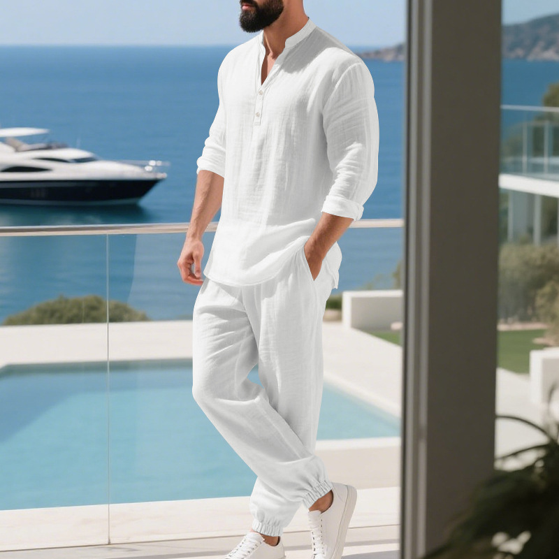 Mens Solid Color Casual Loose Linen Home Commuting Henley Shirt Breathable Long Sleeve Pants Set 250919