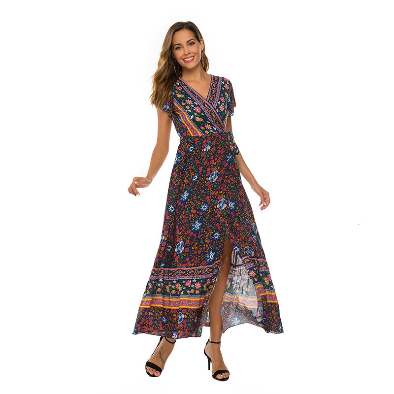 Spring summer dress sexy Vneck Bohemian cardigan waist print 439