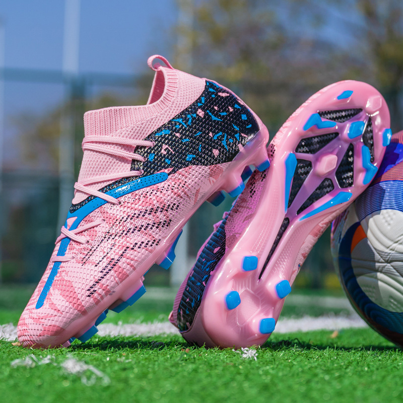 Mens Pink Green Firm Ground Fashion Gifts Soccer Cleats Breathable Knit For Professional Football Training