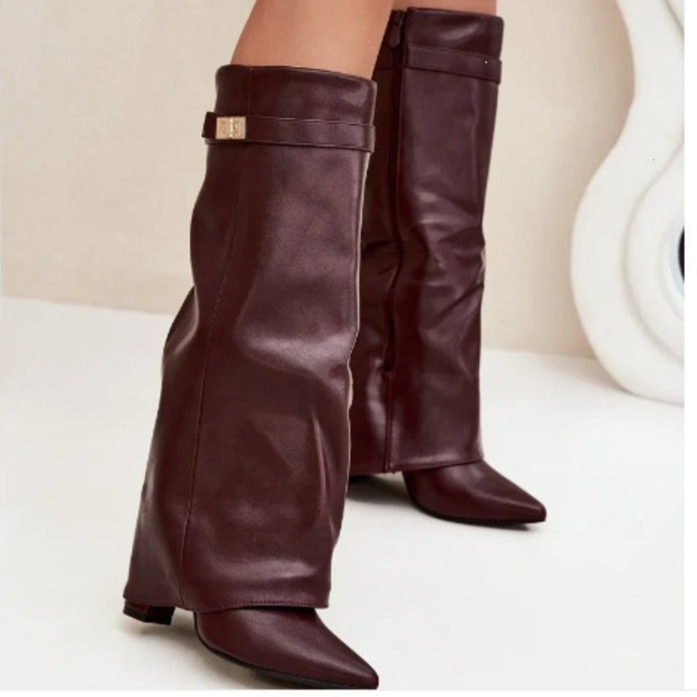 Women's Black Leather Fold-Over Knee High Boots Gold Buckle Pointed Toe Mid Heel Boots Elegant Cuffed Tall Boots for fall Winter Big Size