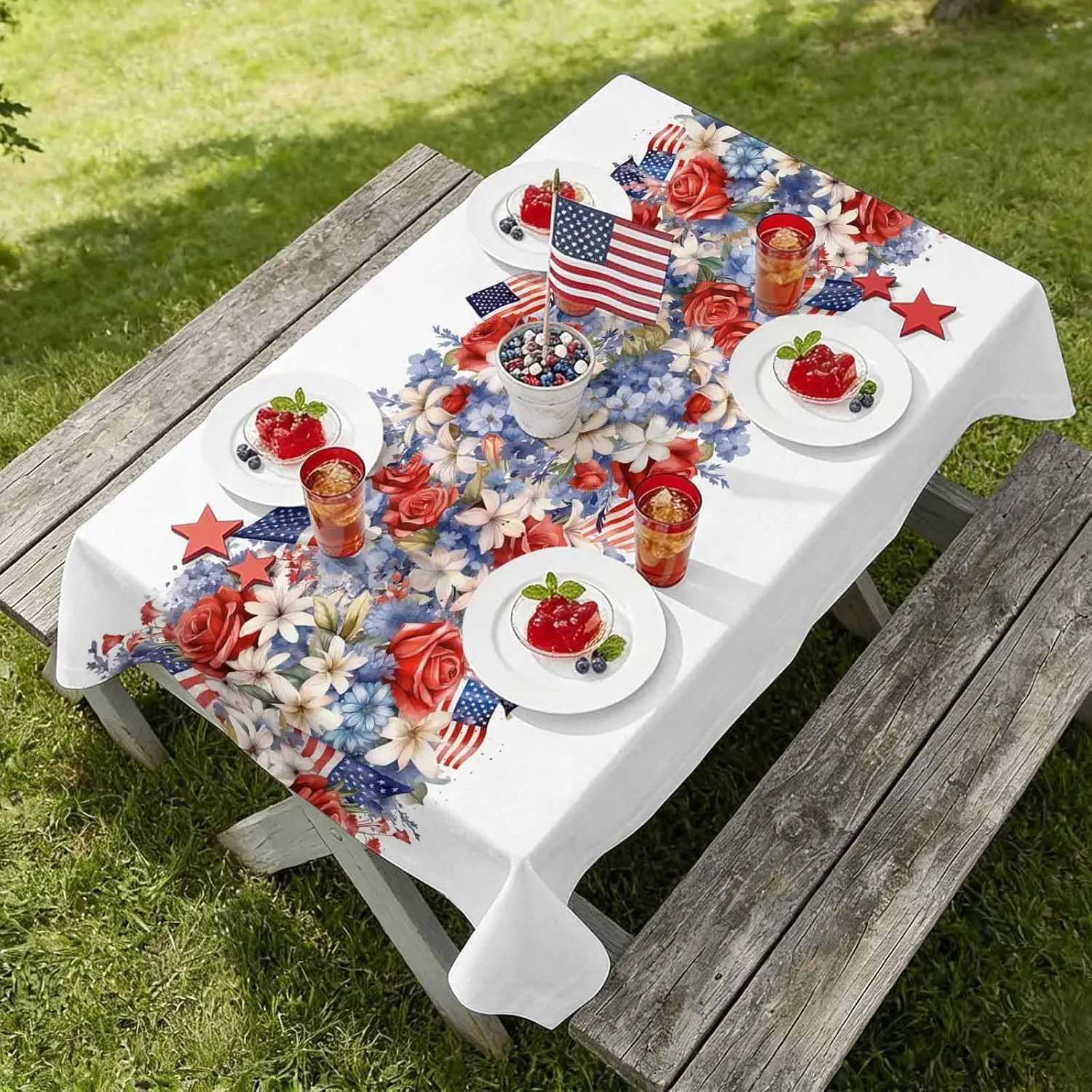 4th of July Independence Day American Flag Print Tablecloth for Table Decor Red Blue White Floral Dining Table Cloth Party Decor C260526