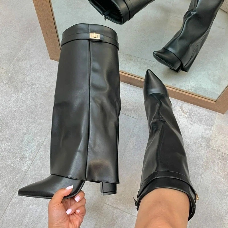 Women's Black Leather Fold-Over Knee High Boots Gold Buckle Pointed Toe Mid Heel Boots Elegant Cuffed Tall Boots for fall Winter Big Size