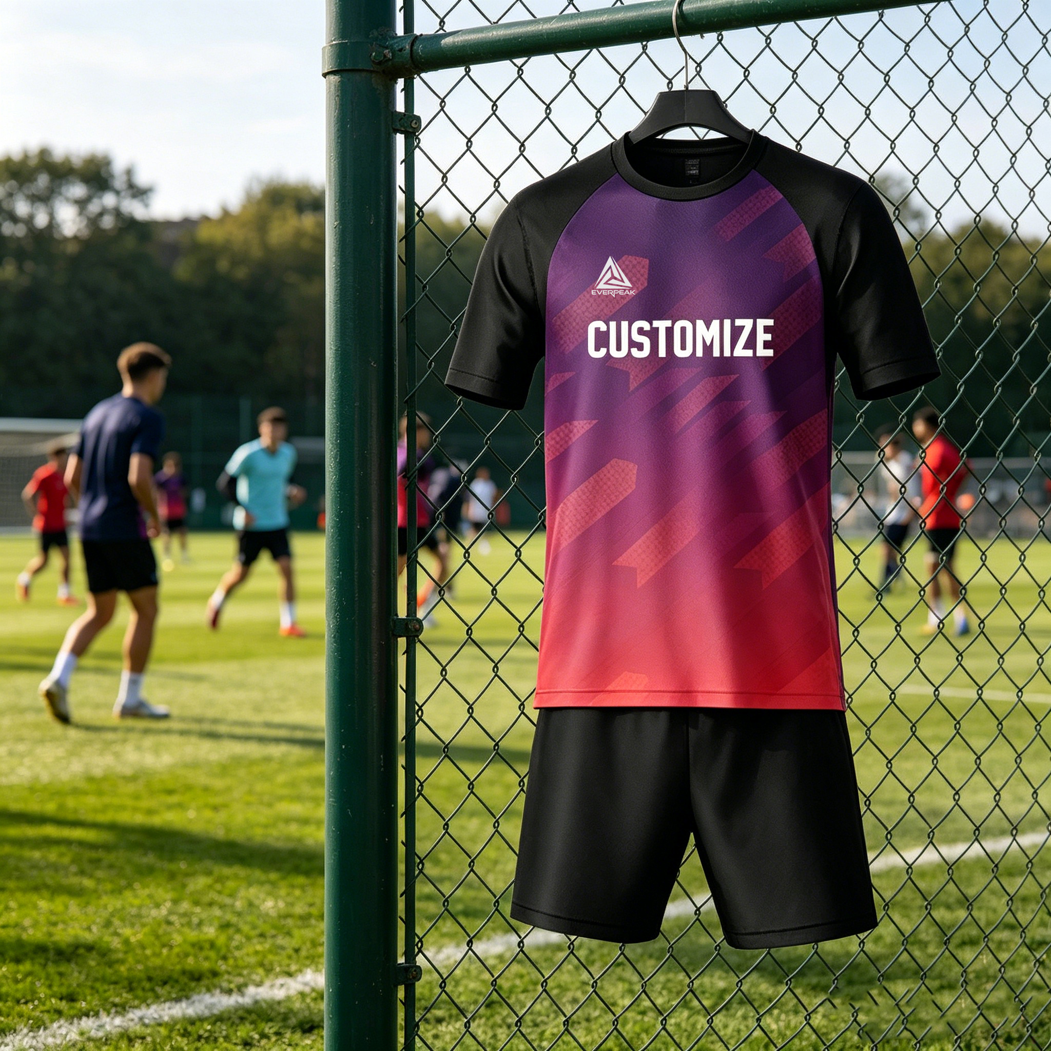 Custom Name Number Soccer Jersey Set, Black Sleeve Gradient Football Uniform, Quick Dry Breathable Sportswear for Men Women Kids Training Competition  - view 5