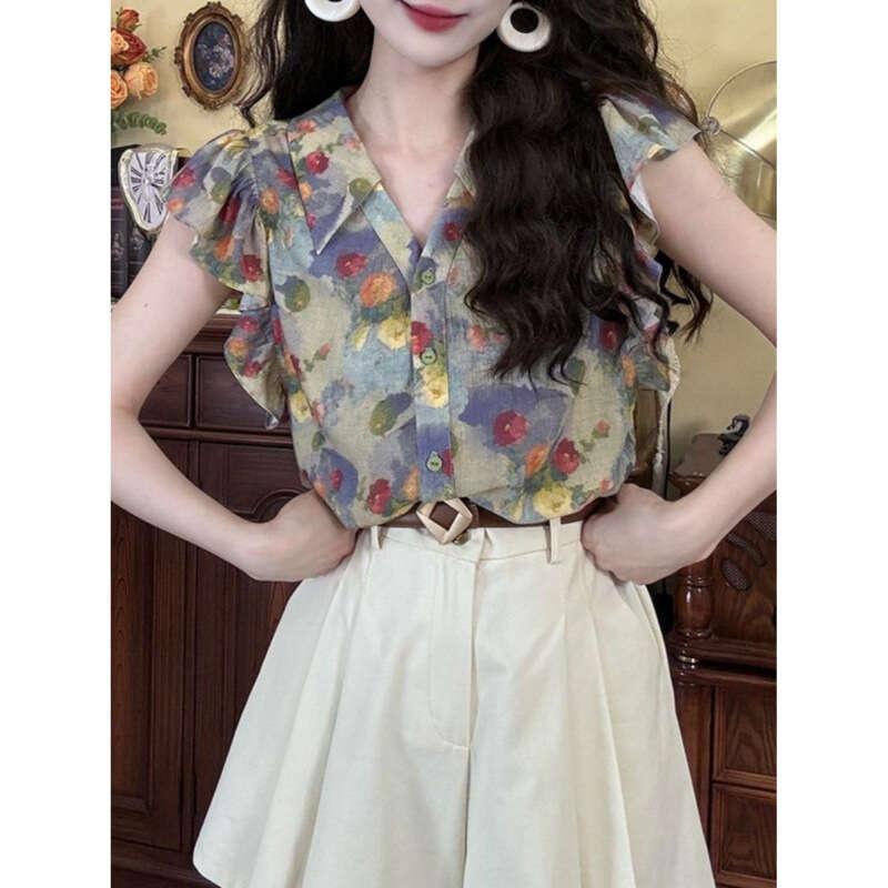 Retro Hong Kong Style Oil Painting Floral V Neck Short Sleeve Top Elegant Flare Sleeve Summer Chic Blouse For Women MAKOUFEI