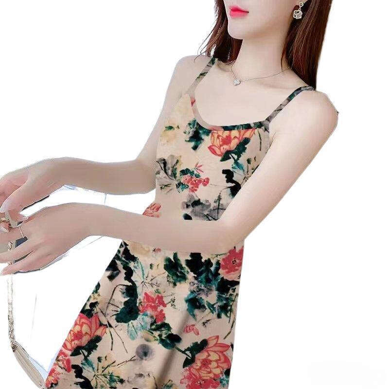 Mid Length Printed Sleeveless Camisole Dress Waist Cinching Long Base Layer Elegant Summer Outfit For Women MAKOUFEI