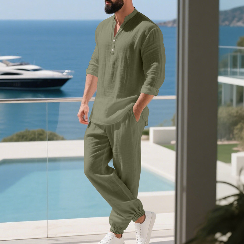 Mens Solid Color Casual Loose Linen Home Commuting Henley Shirt Breathable Long Sleeve Pants Set 250919