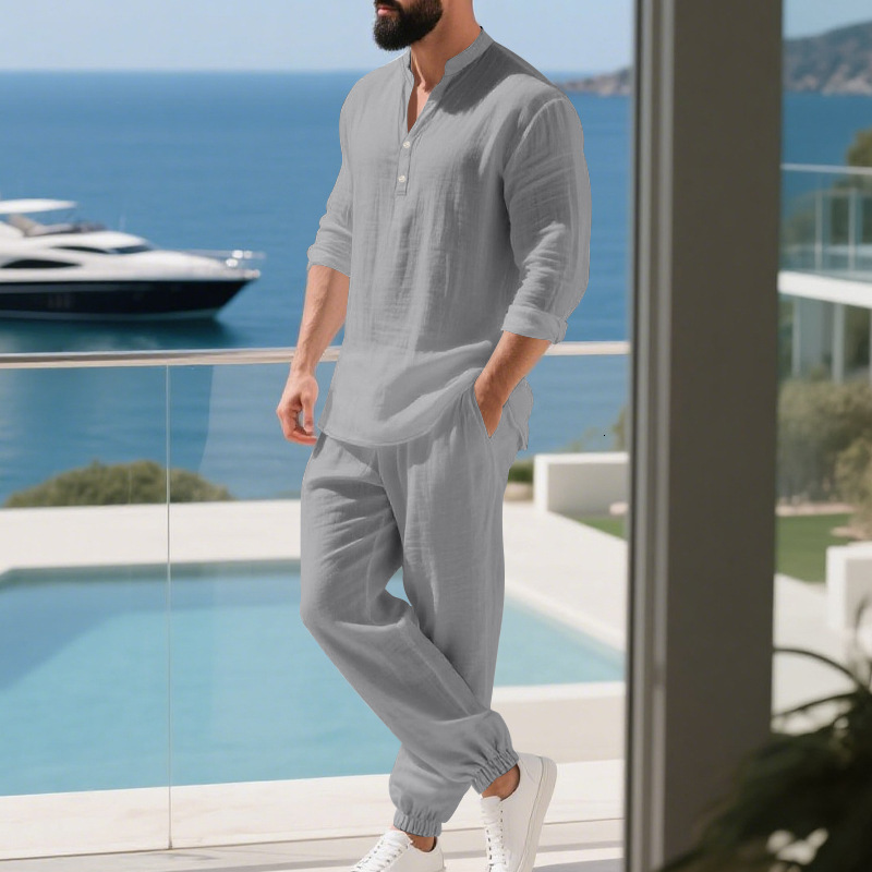 Mens Solid Color Casual Loose Linen Home Commuting Henley Shirt Breathable Long Sleeve Pants Set 250919
