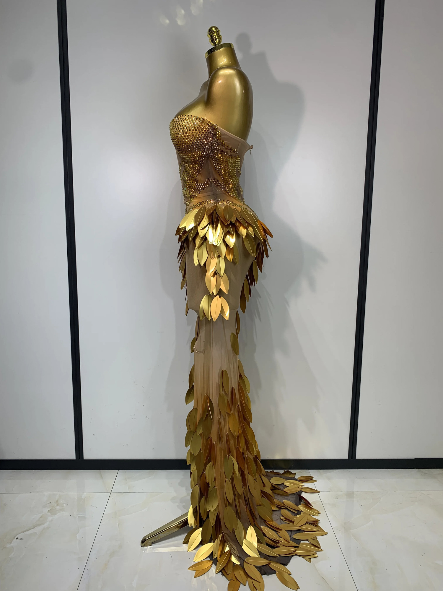 Women Sexy Strapless Mesh Maxi Long Dress Sparkly Gold Rhinestone Sequin Evening Party Gown y Nightclub Birthday Prom 260528 - view 4