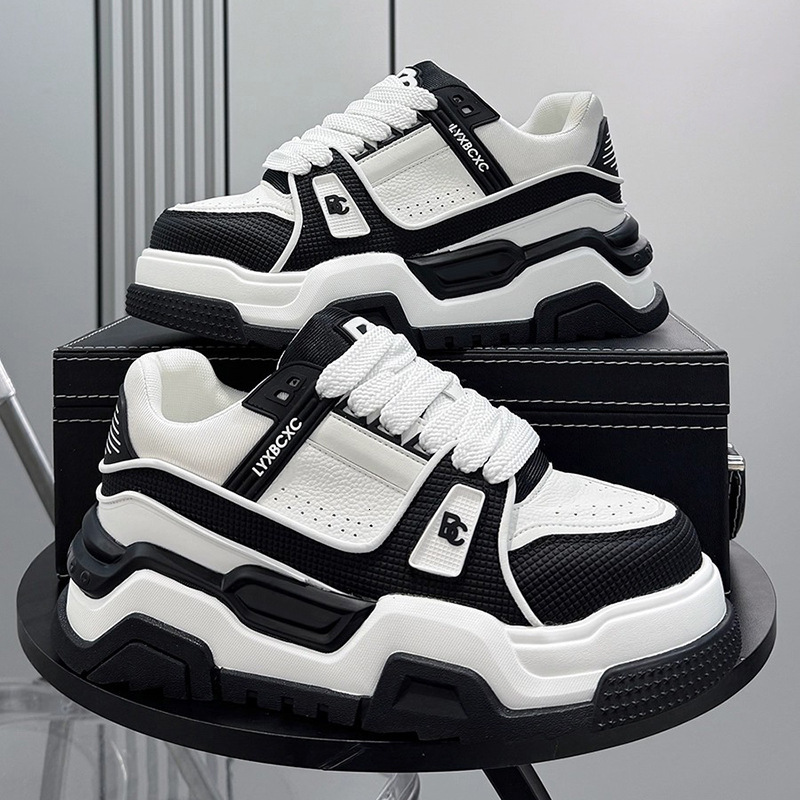 Fashion Gifts Men Black White Chunky Platform Sneakers Mesh Leather Upper For Street Style Daily Walking - view 4