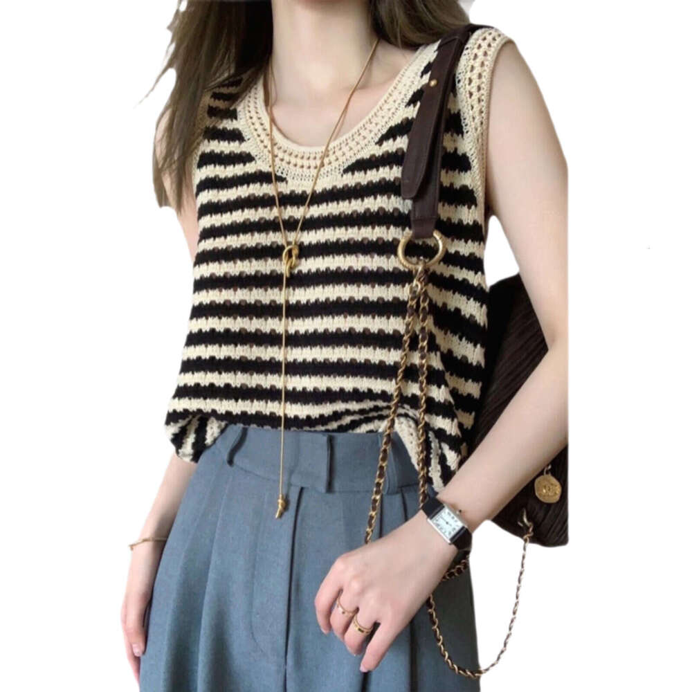Striped Knit Sleeveless Vest French Style Loose Fit Hollow Design Summer Casual Top For Women MAKOUFEI