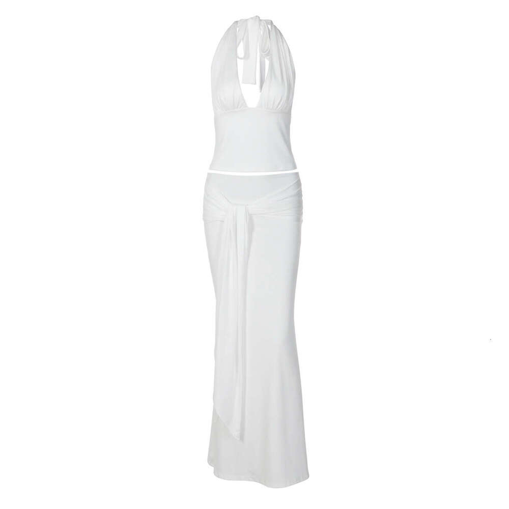 Women Halter Top And Long Skirt Set Slim Fitted Bodycon Dress Outfit With Decorative Ribbons Fashion Daily Wear Ladies Clothes MAKOUFEI