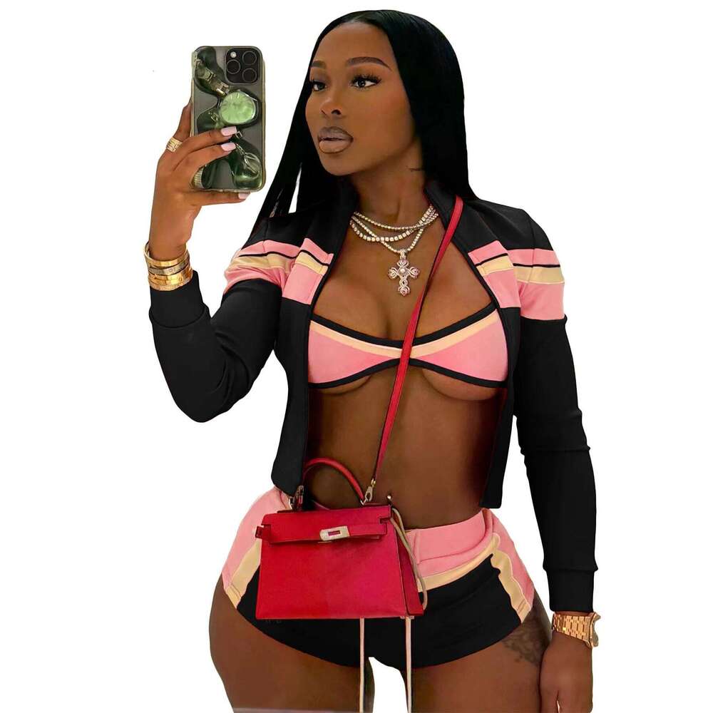 Y K Fashion Sets Sportswear Customized LOGO Women S New Fashion Printing Splicing Long Sleeve One Word Chest Wrap Strap Shorts Three Piece Set - view 9