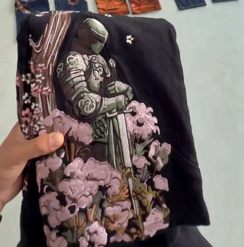 Y2K Japan Cherry Blossom Knight Embroidery Black Baggy Jeans Men High Street Vintage Hip Hop Fashion Couple Wide-leg Denim Pants J260528