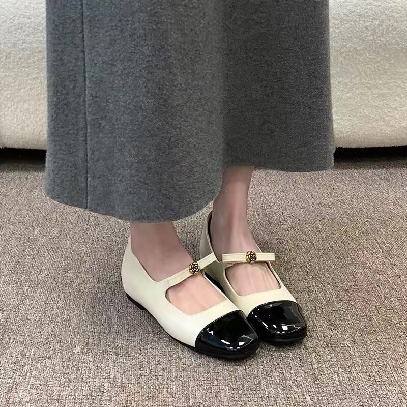 Womens White Fashion Gifts Black Mary Jane Flats Patent Toe Cap Flower Buckle For Casual Daily Office Wear - view 5