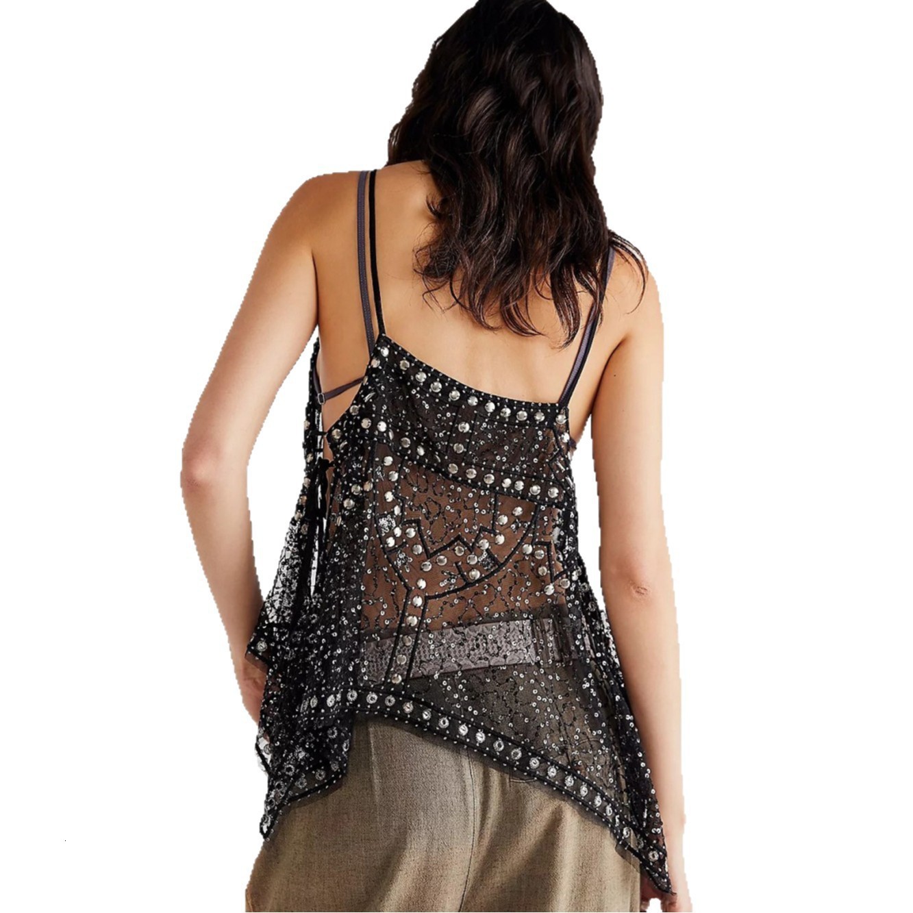 Women Y2k Floral Sequin Patchwork Crop Tops Sparkly Strappy Tank Tops Sexy V Neck Top Concert Outfits Party Beachwear 260514