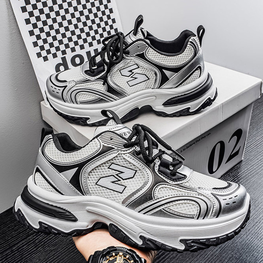 Men's White Gray Chunky Dad Sneakers Breathable Mesh Retro Running Shoes Lightweight Casual Athletic Trainers