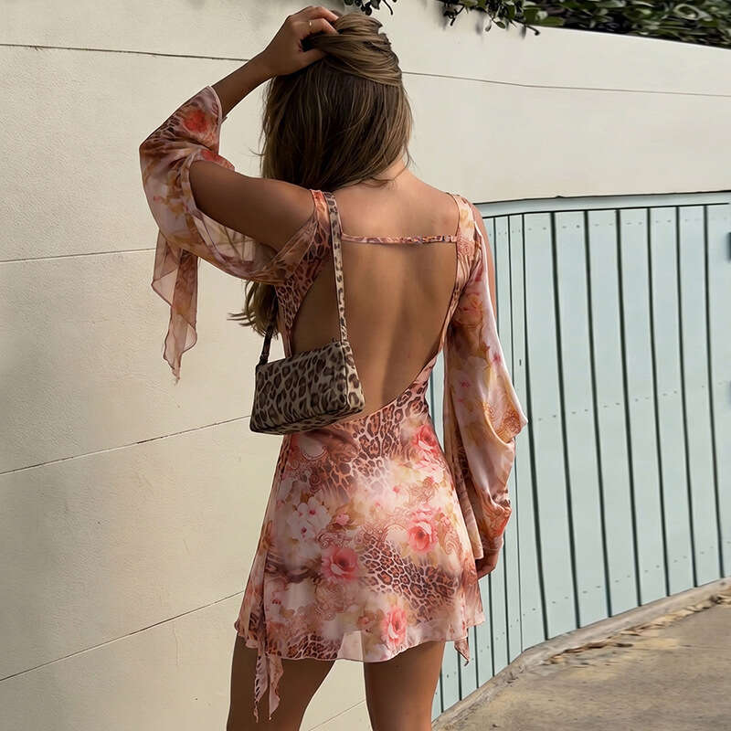 Printed Elegant Off Shoulder Backless Mesh Dress Long Sleeve Party Wear For Women MAKOUFEI