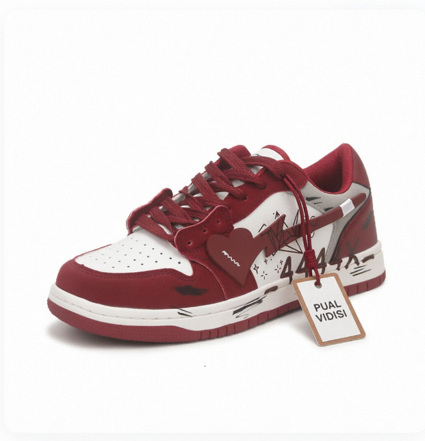 Fashion Gifts Unisex Red White Heart Graffiti Skate Sneakers Leather Upper For Street Style Daily Walking