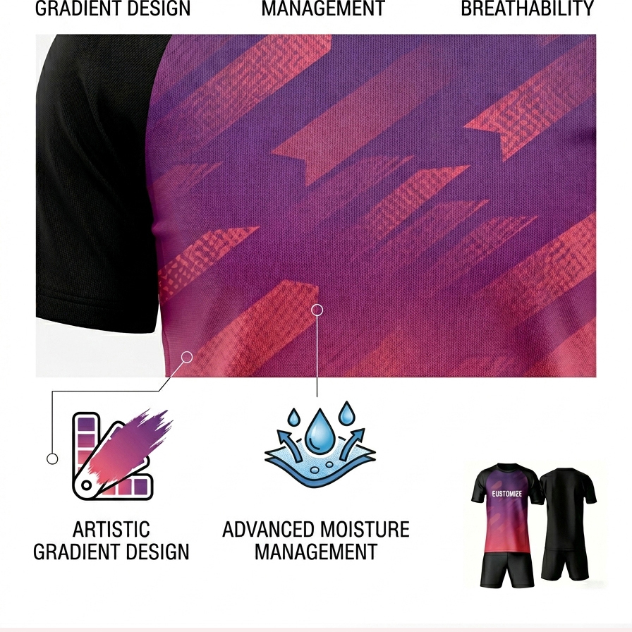 Custom Name Number Soccer Jersey Set, Black Sleeve Gradient Football Uniform, Quick Dry Breathable Sportswear for Men Women Kids Training Competition  - view 8