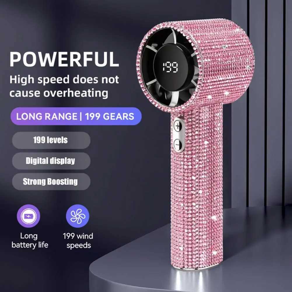 Portable Mini Fan Rhinestone LED Display Turbo High Speed Handheld Cooling Fan Quiet Operation Summer Travel Must-Have C260528