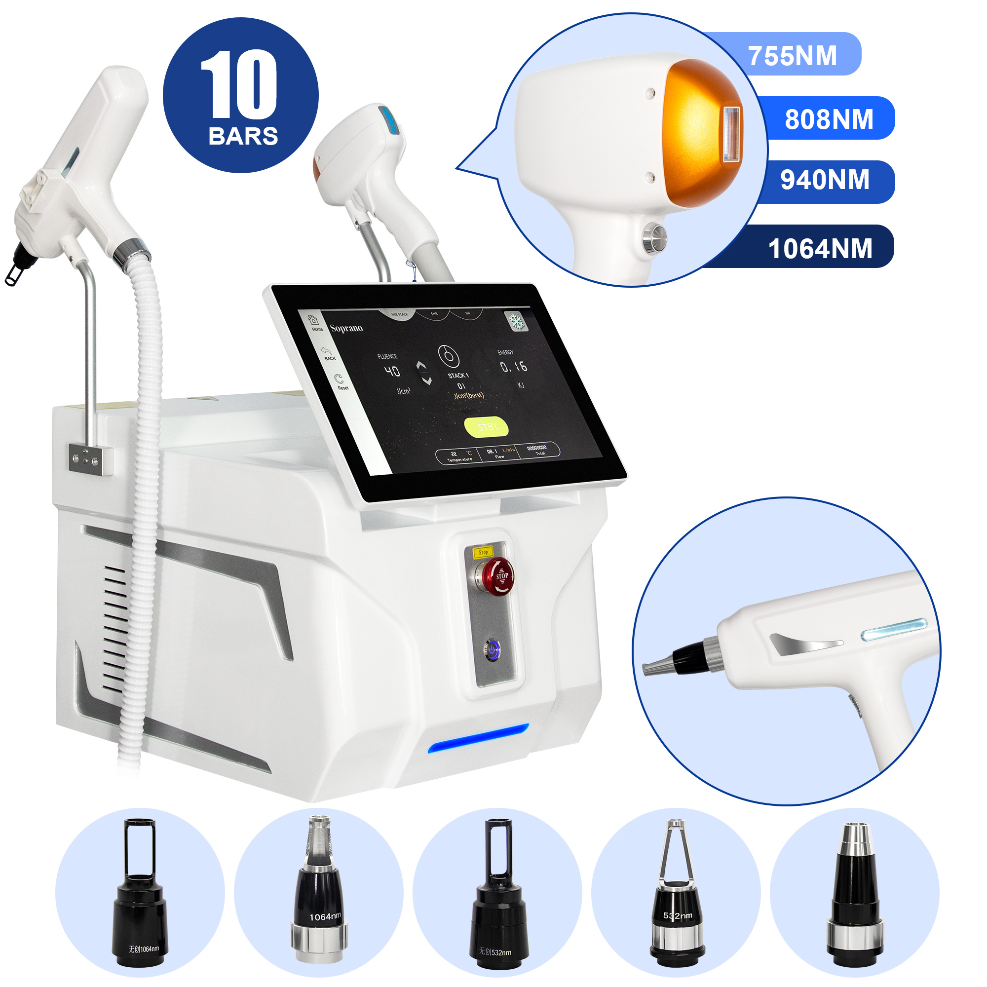 10 Bars Diode Laser Hair Removal with Picosecond Acne Scar Removal Machine 755 808 940 1064nm for Face Arms Legs Bikini
