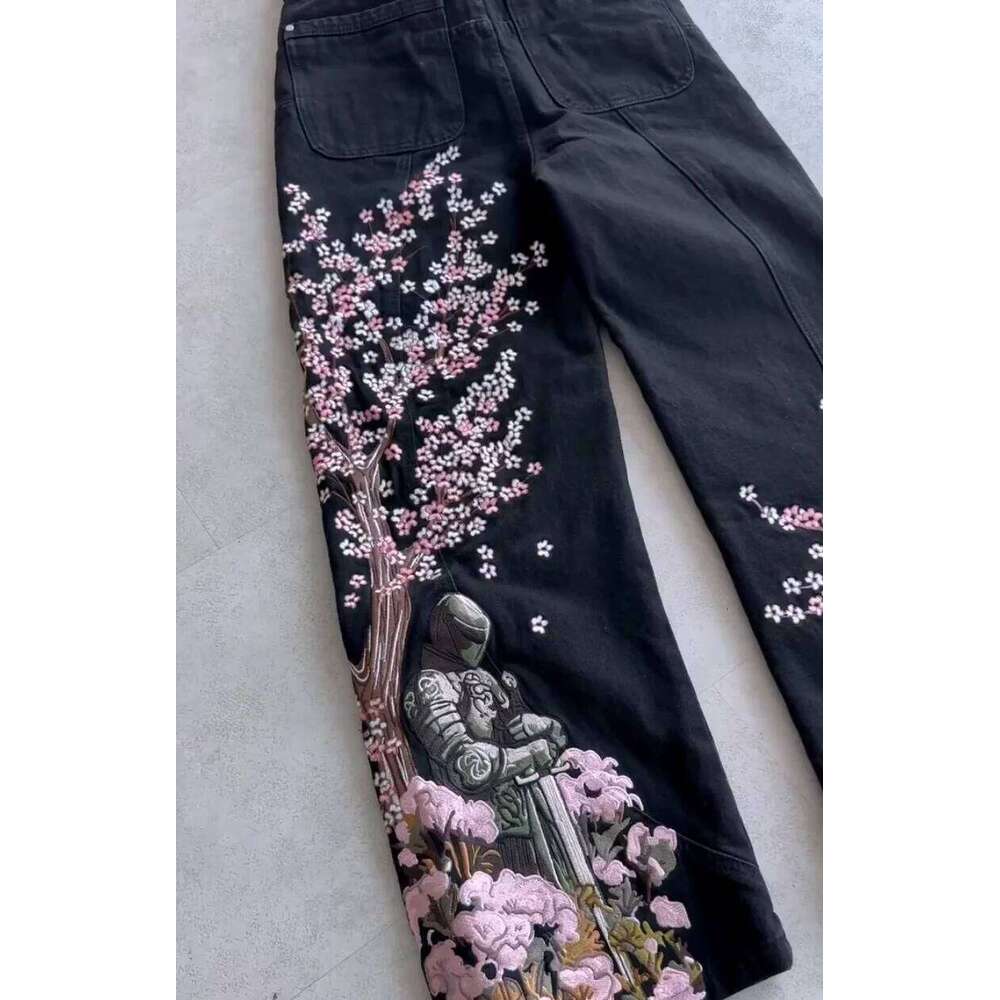 Y2K Japan Cherry Blossom Knight Embroidery Black Baggy Jeans Men High Street Vintage Hip Hop Fashion Couple Wide-leg Denim Pants J260528