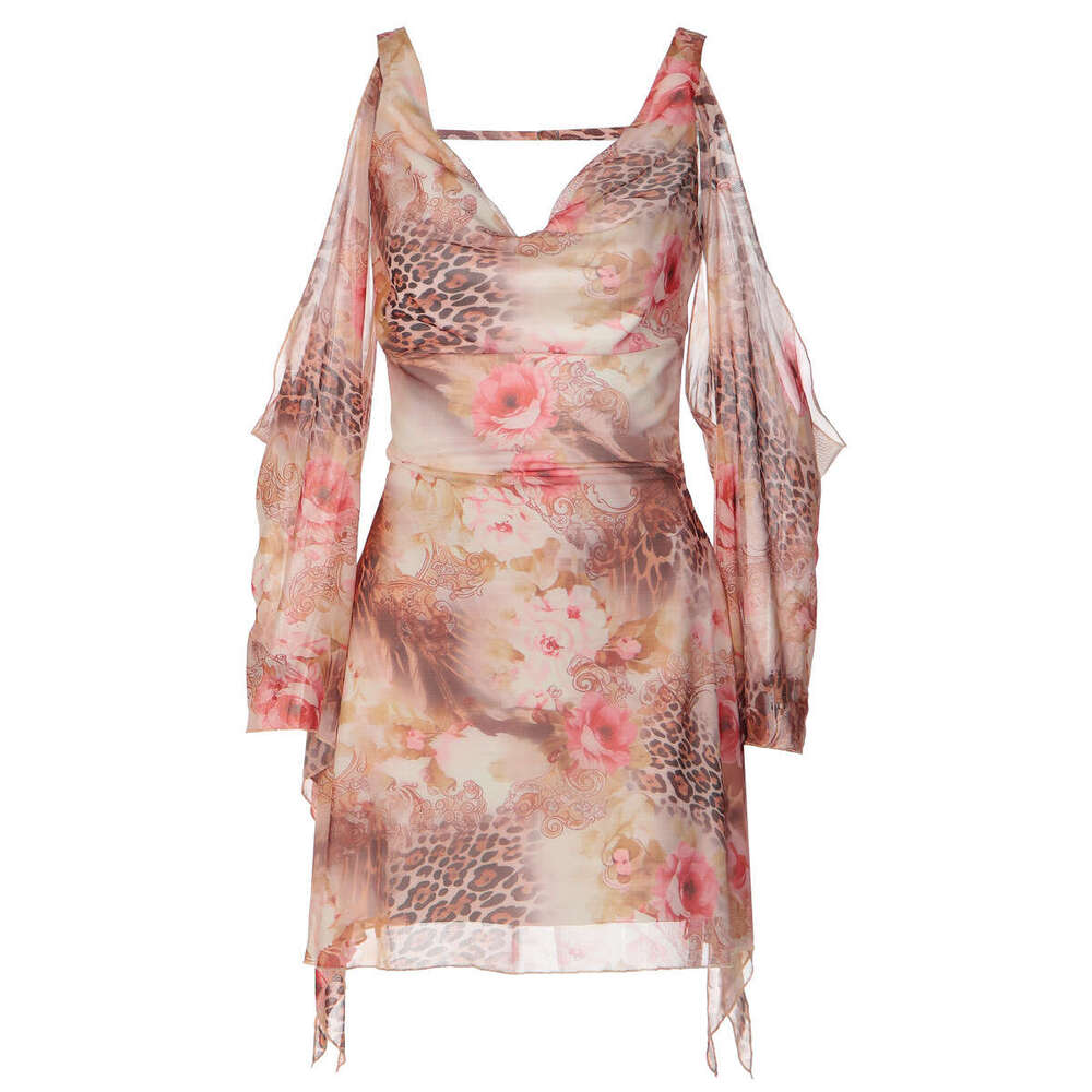 Printed Elegant Off Shoulder Backless Mesh Dress Long Sleeve Party Wear For Women MAKOUFEI