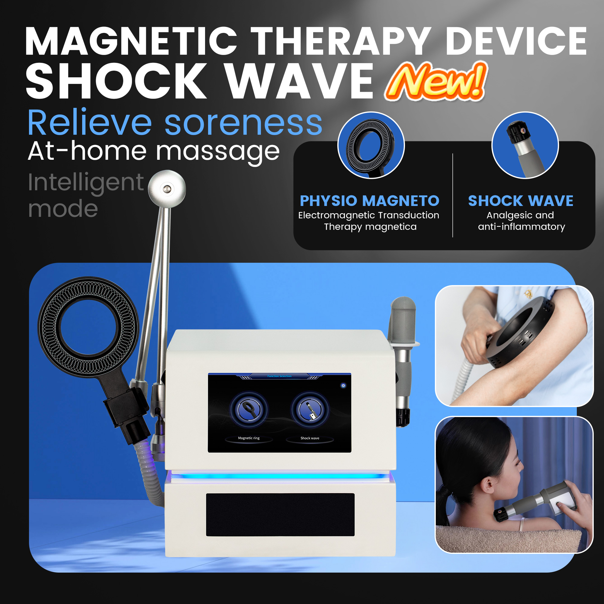Intelligent Magnetotherapy Shockwave Machine 9 Heads HD Touch Screen Deep Tissue Massage for Joint Pain Anti Inflammatory