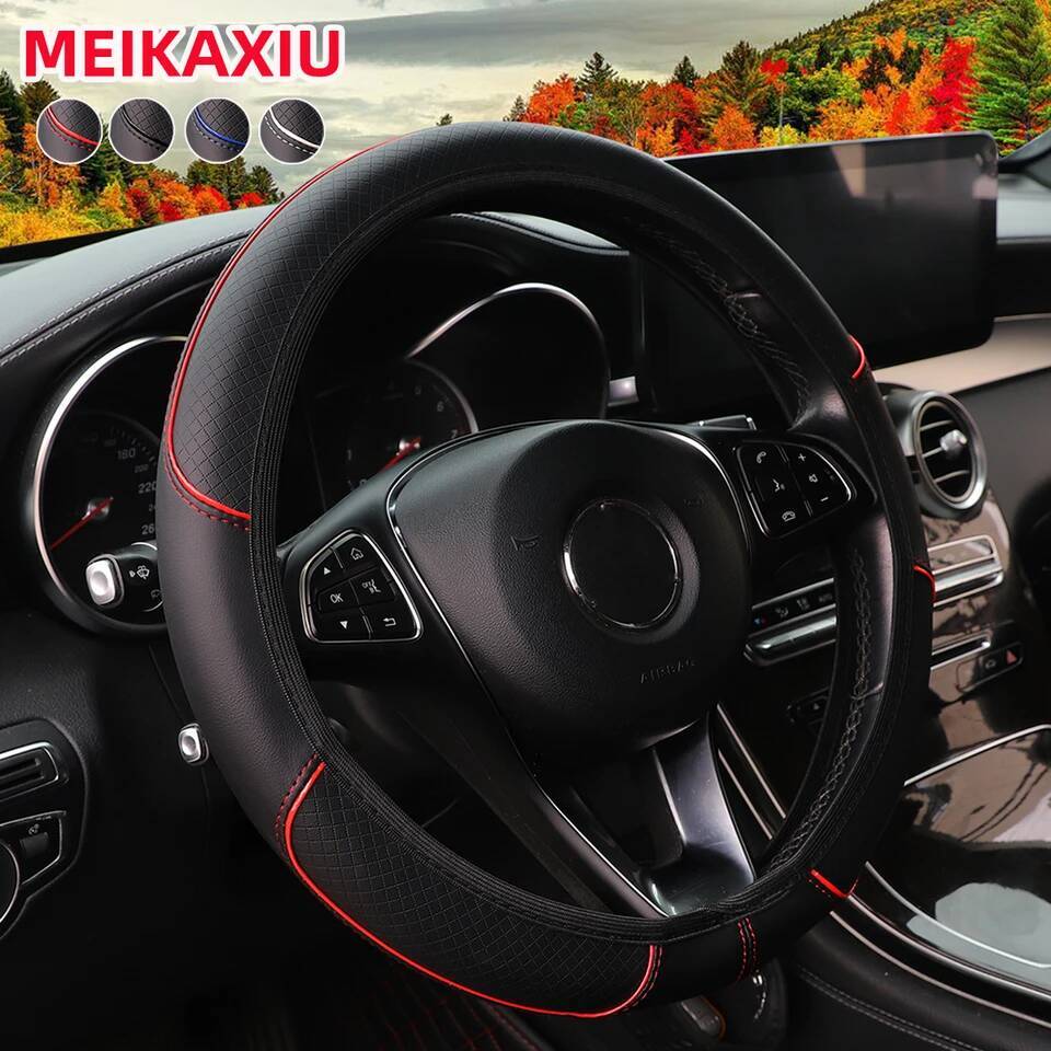 A leather embosed red blue strip trim without inner ring steering wheel cover fits 14.5-15 "37-38cm car interior supplies ddmynov ddmynov ddmynov