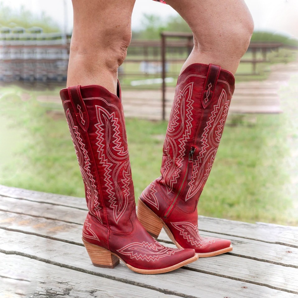 Womens Red Fashion Gifts Embroidered Western Cowboy Boots Leather For Casual Country Daily Wear - view 3