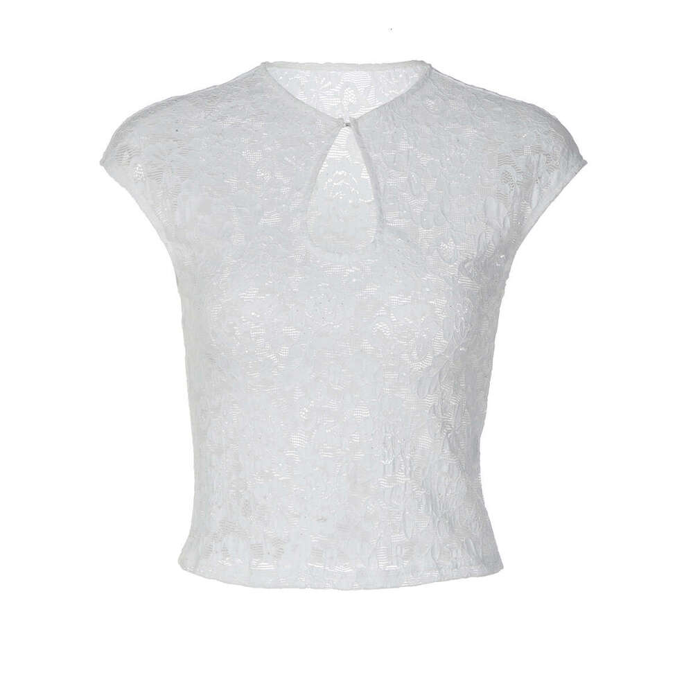 European American Style Round Neck Cut Out Lace Short T Shirt Fashion All Match Casual Tops For Women Daily Wear Stylish Ladies Blouse MAKOUFEI
