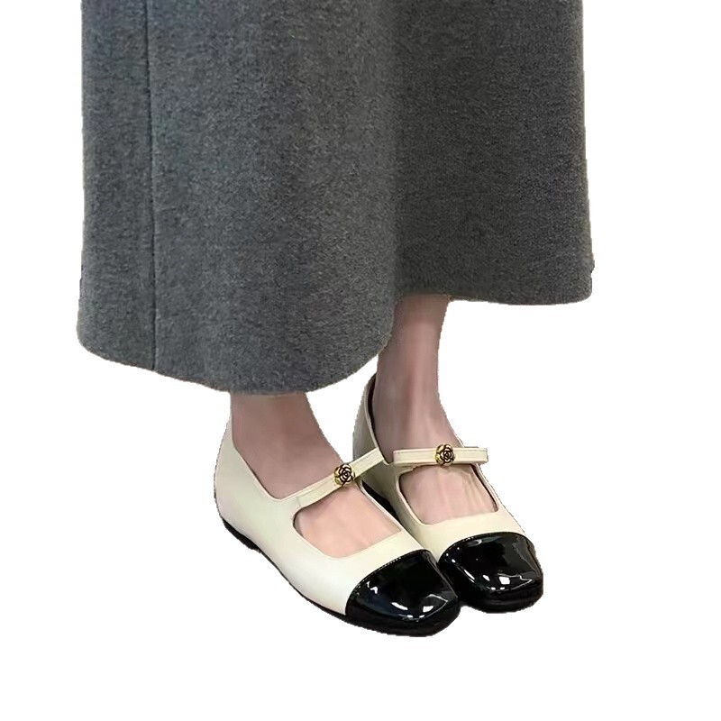 Womens White Fashion Gifts Black Mary Jane Flats Patent Toe Cap Flower Buckle For Casual Daily Office Wear - view 6