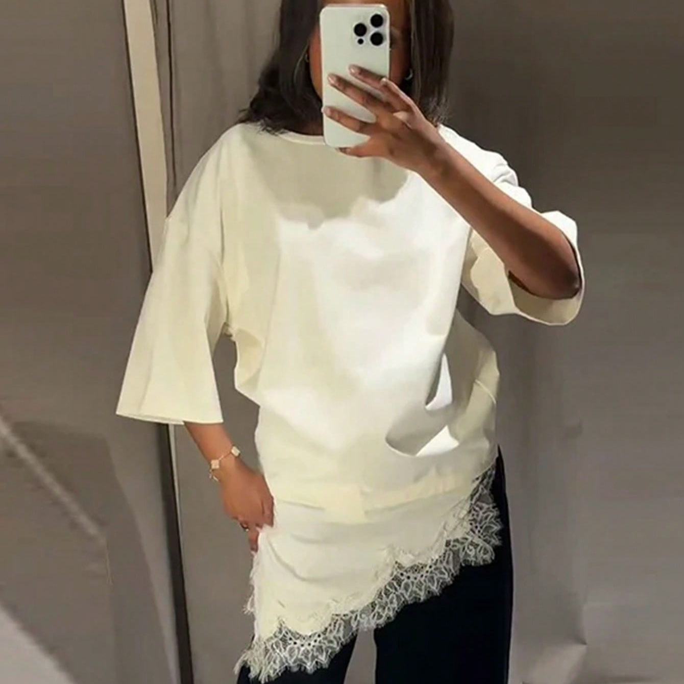 Spring and summer new trendy short-sleeve fashion womens casual patchwork lace T-shirt top 210419