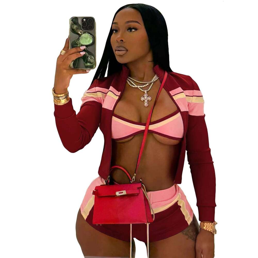 Y K Fashion Sets Sportswear Customized LOGO Women S New Fashion Printing Splicing Long Sleeve One Word Chest Wrap Strap Shorts Three Piece Set - view 8