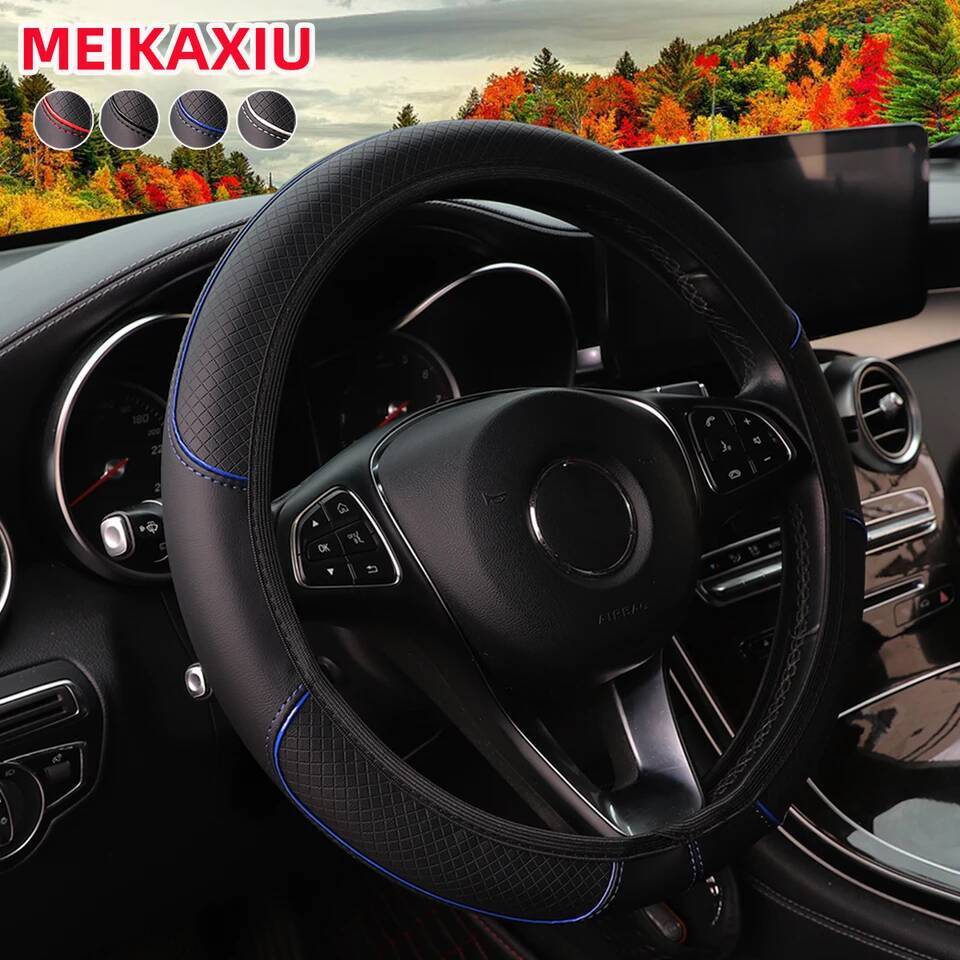 A leather embosed red blue strip trim without inner ring steering wheel cover fits 14.5-15 "37-38cm car interior supplies ddmynov ddmynov ddmynov
