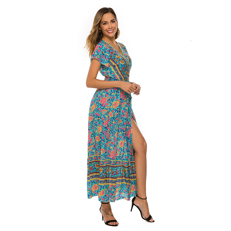 Spring summer dress sexy Vneck Bohemian cardigan waist print 439