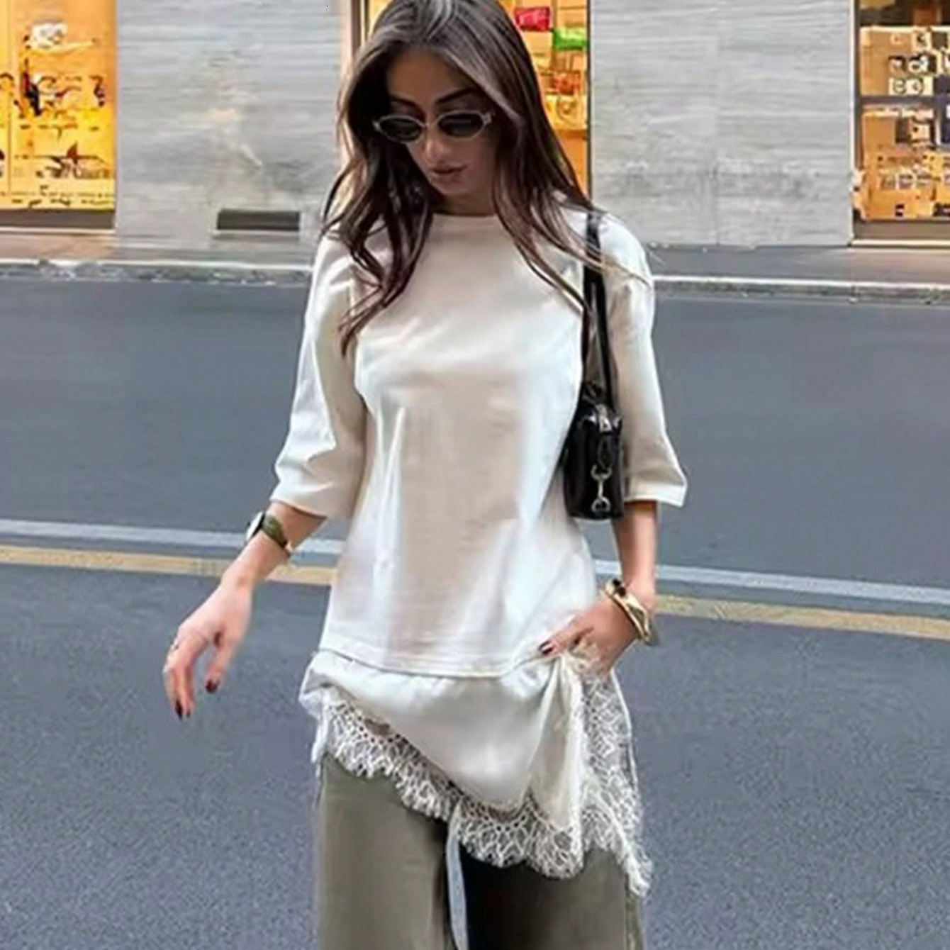 Spring and summer new trendy short-sleeve fashion womens casual patchwork lace T-shirt top 210419