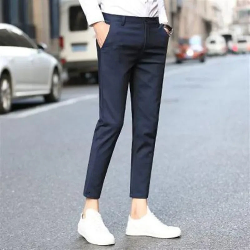 Slim Fit White Tressed Male Suit Trousers Business Social Tailoring Stretch Mens Summer Pants 9 Cropped Elastic Clothes Offer 260527