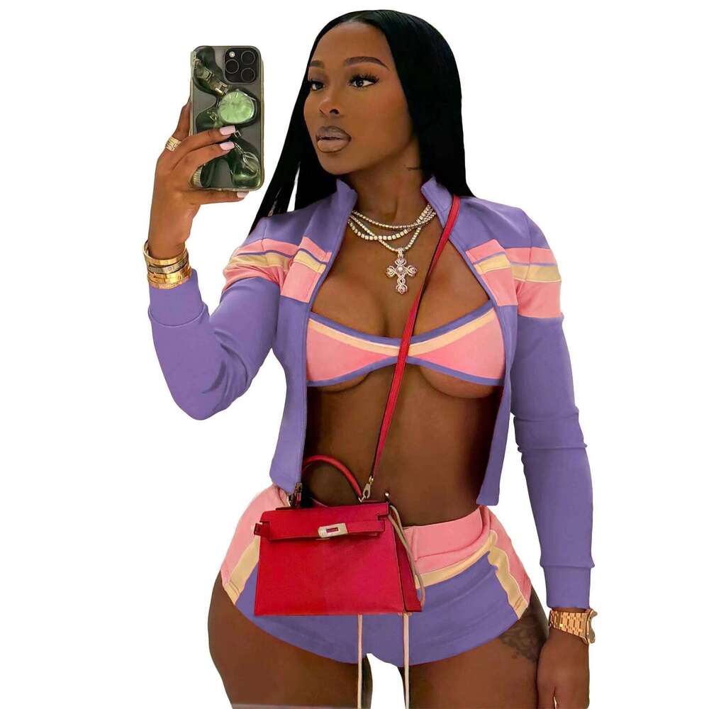 Y K Fashion Sets Sportswear Customized LOGO Women S New Fashion Printing Splicing Long Sleeve One Word Chest Wrap Strap Shorts Three Piece Set - view 7